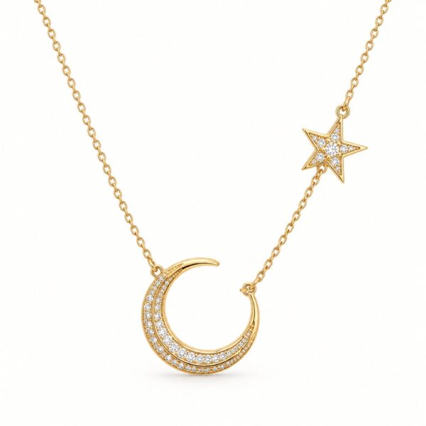 Korean Short Chain Gold Zircon Crescent Moon Star Necklace, gold plated, hypoallergenic, made in Korea