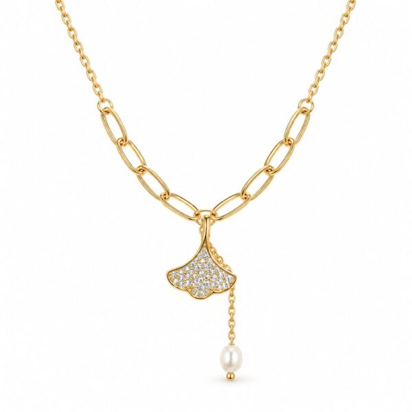 Korean Short Chain Gold Ginkgo Leaf Pearl Drop Zircon Necklace, gold plated, hypoallergenic, made in Korea