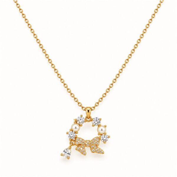 Korean Short Chain Gold Pearl Zircon Wreath Bow Pendant Necklace, gold plated, hypoallergenic, made in Korea