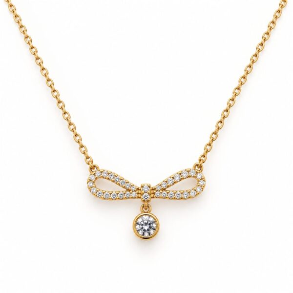 Korean Short Chain Gold Zircon Bow Drop Necklace, gold plated, hypoallergenic, made in Korea
