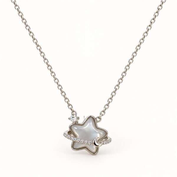 Korean Short Chain Silver Pearlescent Star Zircon Pendant Necklace, silver plated, hypoallergenic, made in Korea