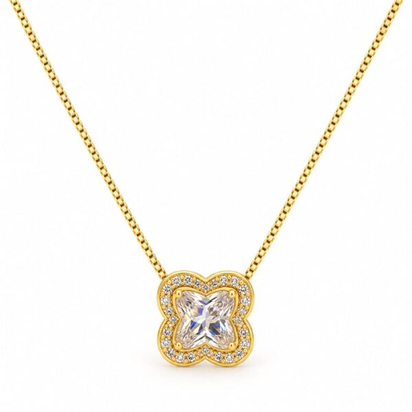 Korean Short Chain Gold Clover Zircon Pendant Necklace, gold plated, hypoallergenic, made in Korea