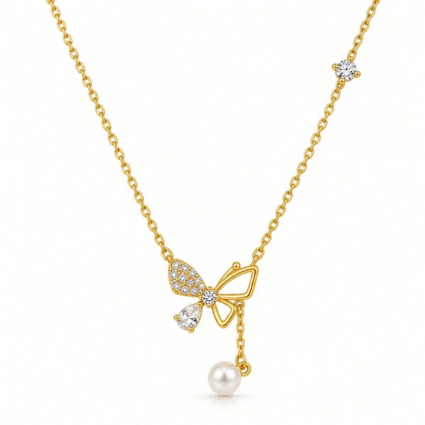 Korean Short Chain Gold Zircon Butterfly Pearl Lariat Necklace, gold plated, hypoallergenic, made in Korea