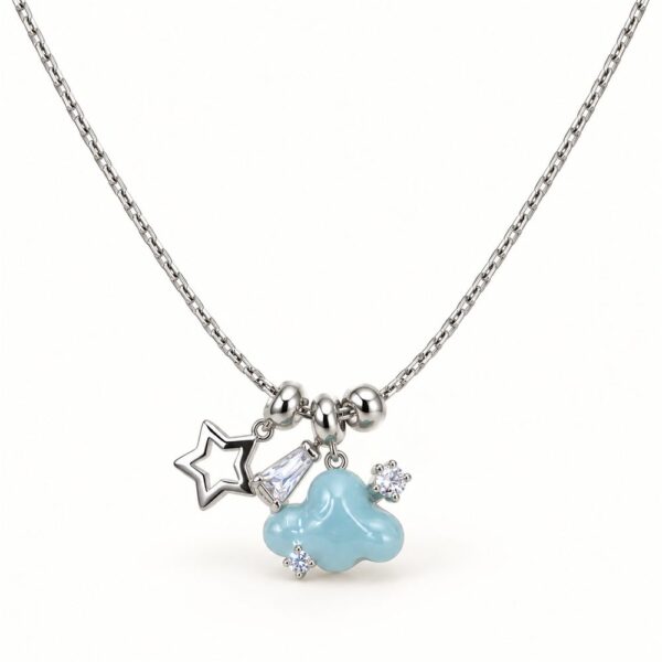 Korean Short Chain Silver Blue Cloud Star Crystal Charm Necklace