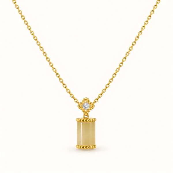 Korean Short Chain Gold Cream Stone Barrel Zircon Pendant Necklace, gold plated, hypoallergenic, made in Korea