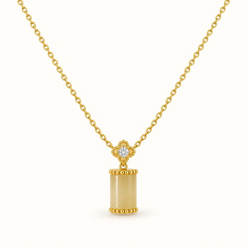 Korean Short Chain Gold Cream Stone Barrel Zircon Pendant Necklace, gold plated, hypoallergenic, made in Korea