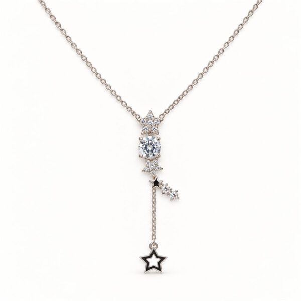 Korean Short Chain Silver Zircon Star Drop Lariat Necklace, silver plated, hypoallergenic, made in Korea