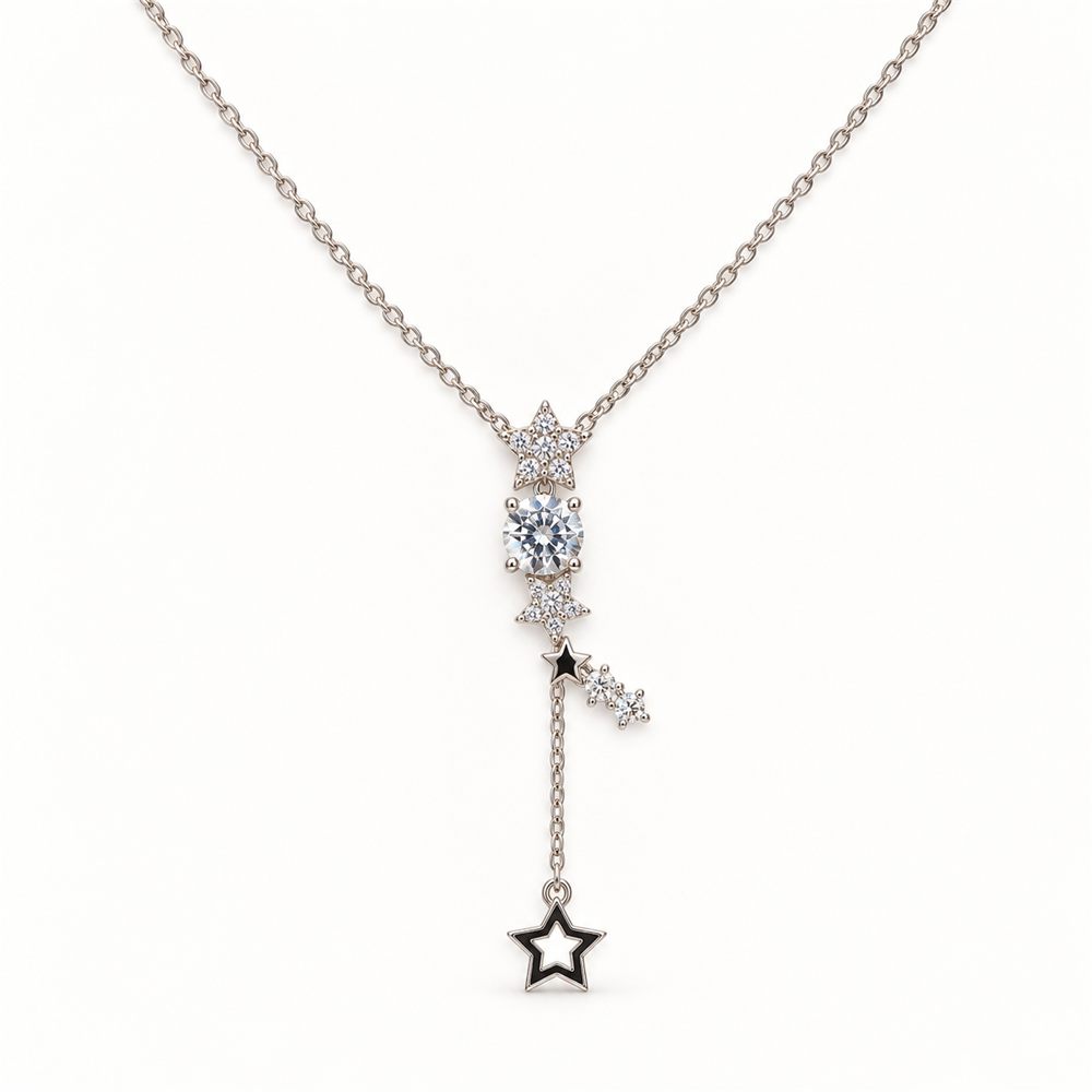 Korean Short Chain Silver Zircon Star Drop Lariat Necklace, silver plated, hypoallergenic, made in Korea