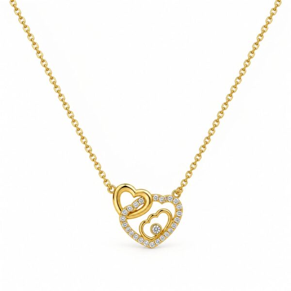 Korean Short Chain Gold Twin Heart Zircon Pendant Necklace, gold plated, hypoallergenic, made in Korea