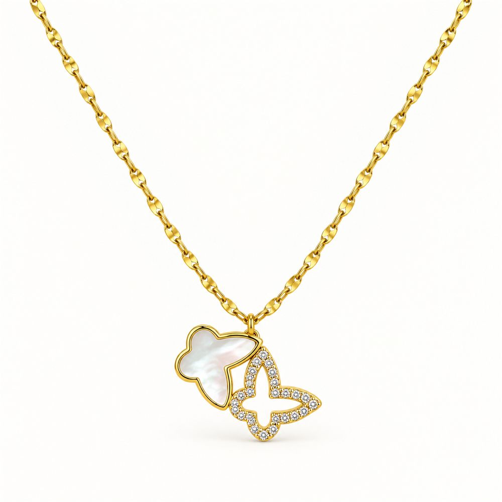 Korean Short Chain Gold Twin Butterfly Pearlescent Zircon Necklace, gold plated, hypoallergenic, made in Korea