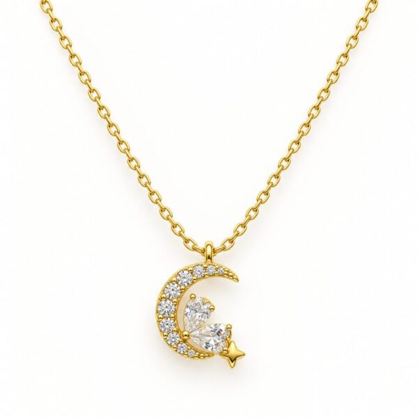 Korean Short Chain Gold Moon Heart Zircon Star Pendant Necklace, gold plated, hypoallergenic, made in Korea