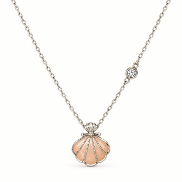 Korean Short Chain Silver Peach Shell Zircon Pendant Necklace, silver plated, hypoallergenic, made in Korea