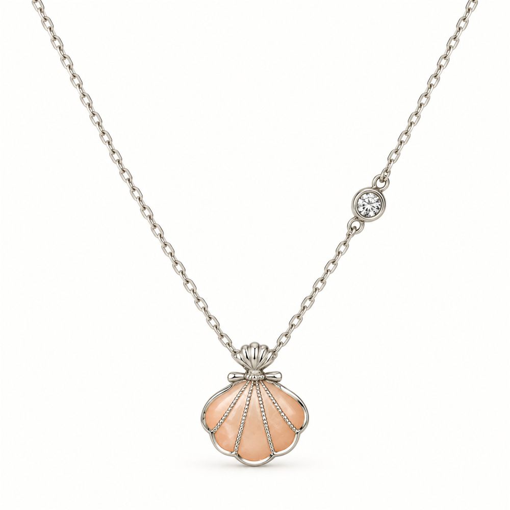 Korean Short Chain Silver Peach Shell Zircon Pendant Necklace, silver plated, hypoallergenic, made in Korea