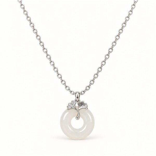 Korean Short Chain Silver White Stone Donut Ginkgo Zircon Necklace, silver plated, hypoallergenic, made in Korea