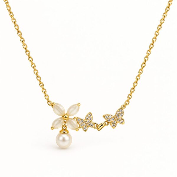 Korean Short Chain Gold Pearlescent Flower Butterfly Pearl Drop Necklace, gold plated, hypoallergenic, made in Korea