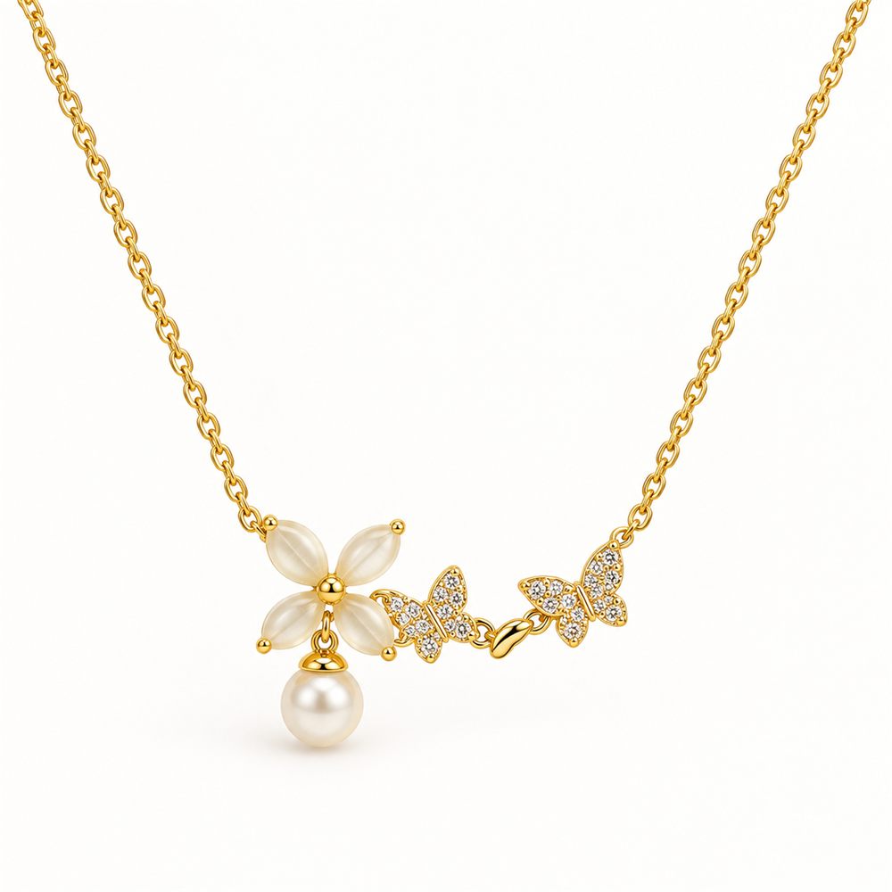 Korean Short Chain Gold Pearlescent Flower Butterfly Pearl Drop Necklace, gold plated, hypoallergenic, made in Korea
