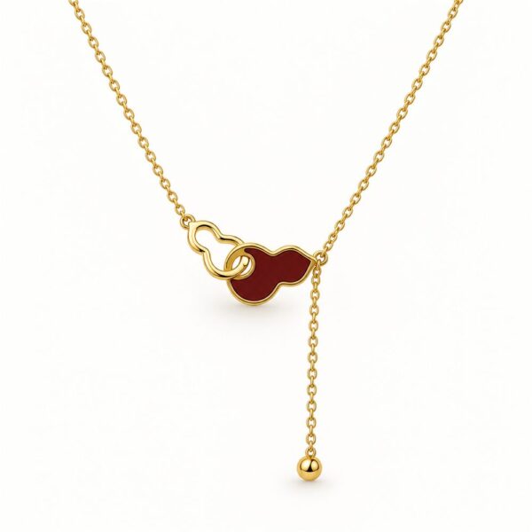 Korean Short Chain Gold Red Enamel Gourd Lariat Necklace, gold plated, hypoallergenic, made in Korea
