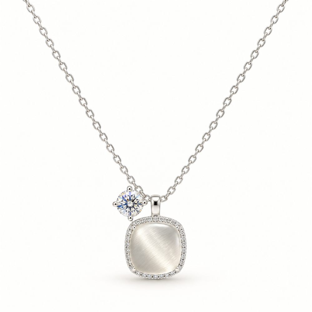 Korean Short Chain Silver Opalescent Square Zircon Pendant Necklace, silver plated, hypoallergenic, made in Korea