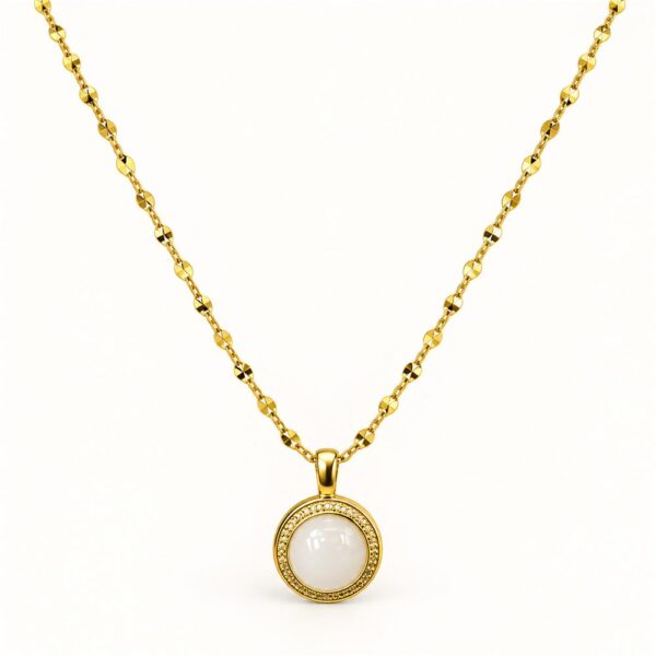 Korean Short Chain Gold Cream Stone Round Pendant Necklace, gold plated, hypoallergenic, made in Korea