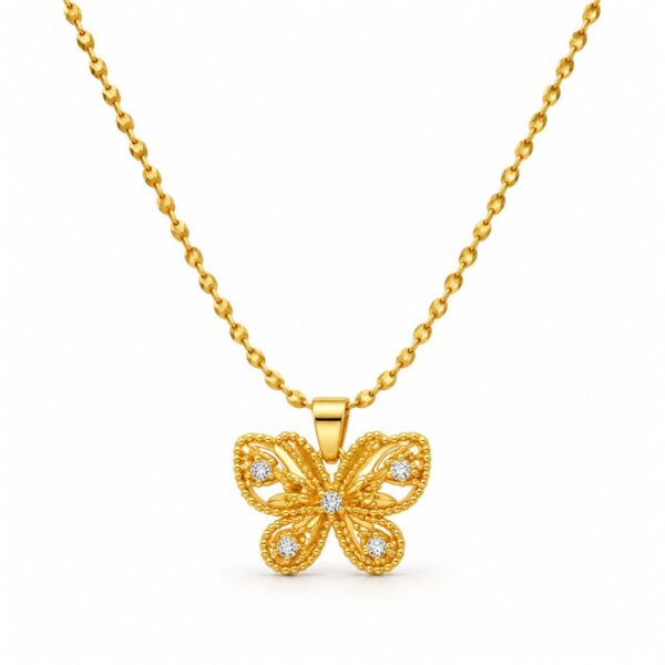 Korean Short Chain Gold Filigree Butterfly Zircon Pendant Necklace, gold plated, hypoallergenic, made in Korea