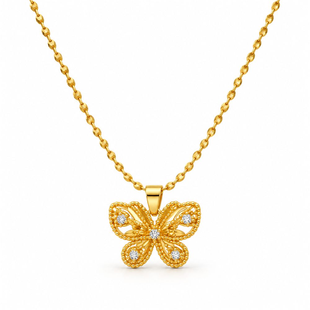 Korean Short Chain Gold Filigree Butterfly Zircon Pendant Necklace, gold plated, hypoallergenic, made in Korea