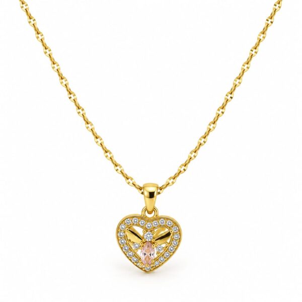 Korean Short Chain Gold Pink Zircon Heart Pendant Necklace, gold plated, hypoallergenic, made in Korea
