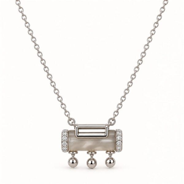 Korean Short Chain Silver Grey Pearlescent Bar Ball Drop Necklace, silver plated, hypoallergenic, made in Korea