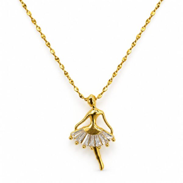 Korean Short Chain Gold Ballerina Zircon Pendant Necklace, gold plated, hypoallergenic, made in Korea
