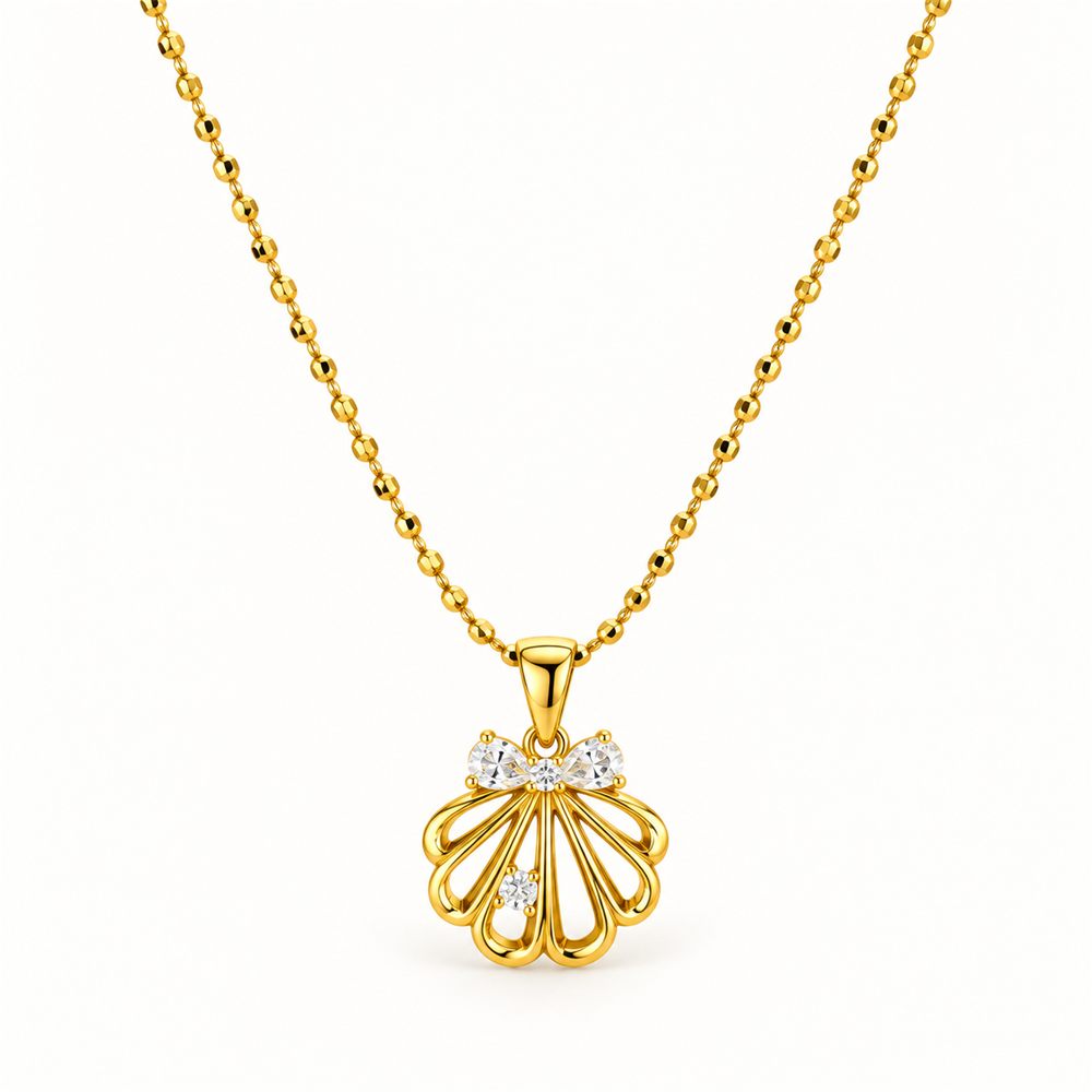 Korean Short Chain Gold Open Shell Zircon Bow Pendant Necklace, gold plated, hypoallergenic, made in Korea