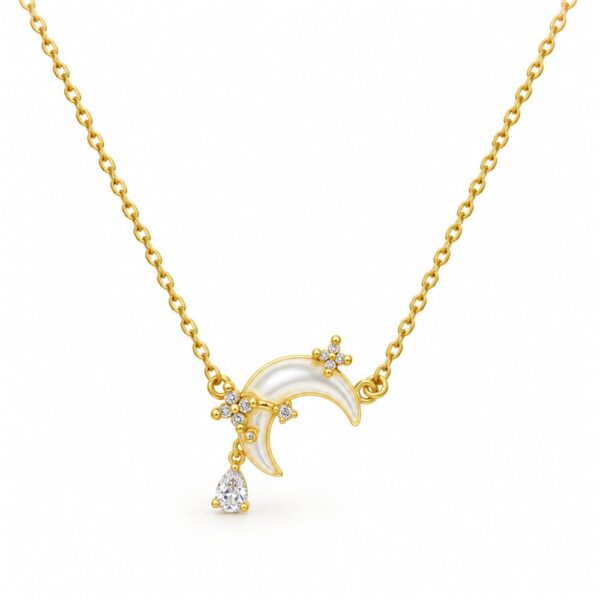 Korean Short Chain Gold Pearlescent Crescent Moon Zircon Necklace, gold plated, hypoallergenic, made in Korea
