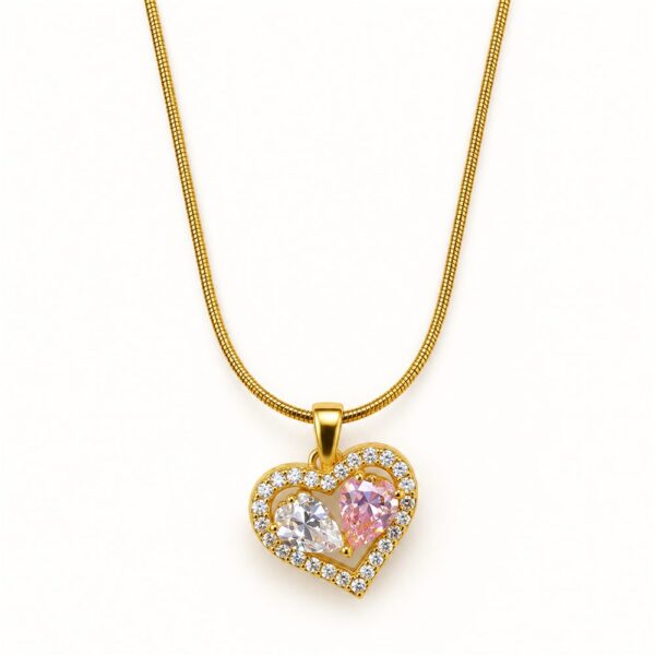 Korean Short Chain Gold Snake Chain Pink White Zircon Heart Necklace, gold plated, hypoallergenic, made in Korea
