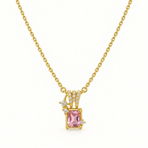 Korean Short Chain Gold Pink Zircon Rectangle Pendant Necklace, gold plated, hypoallergenic, made in Korea