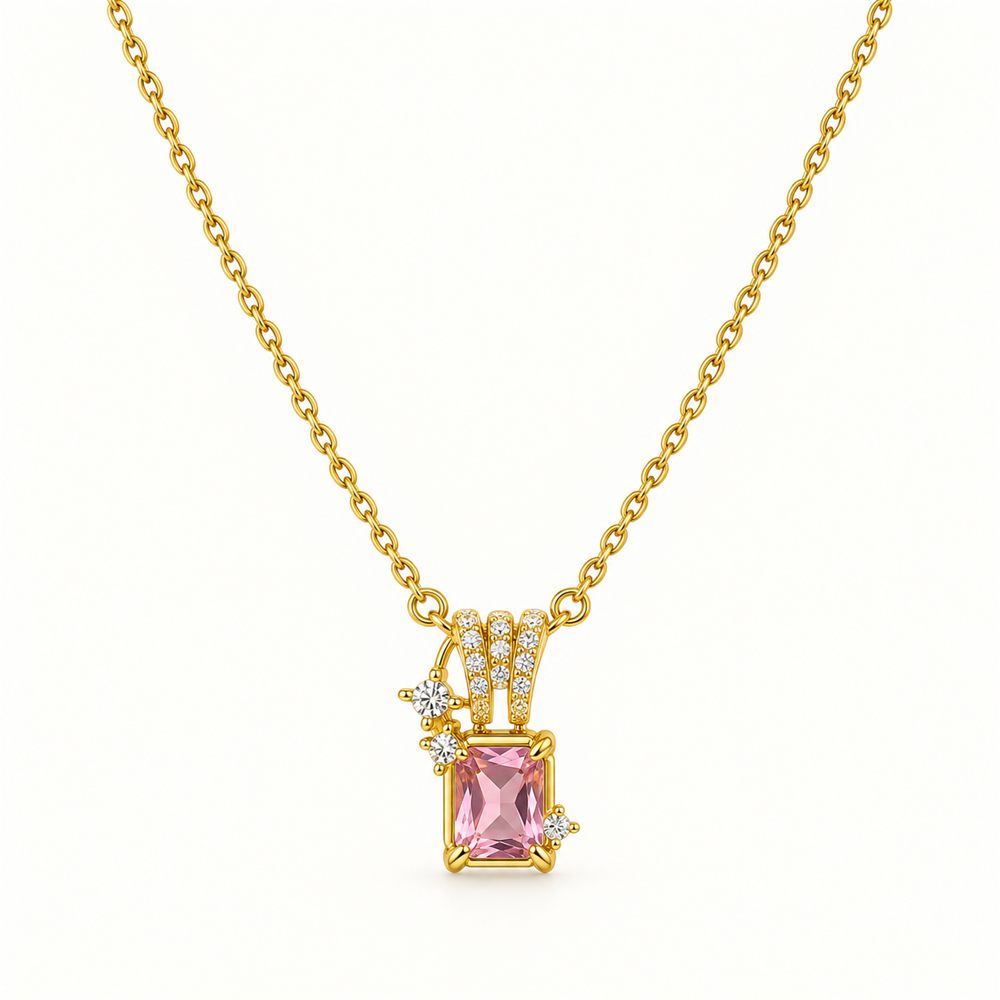 Korean Short Chain Gold Pink Zircon Rectangle Pendant Necklace, gold plated, hypoallergenic, made in Korea