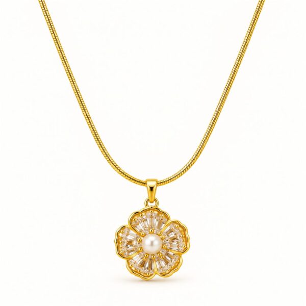 Korean Short Chain Gold Snake Chain Pearl Zircon Flower Necklace, gold plated, hypoallergenic, made in Korea