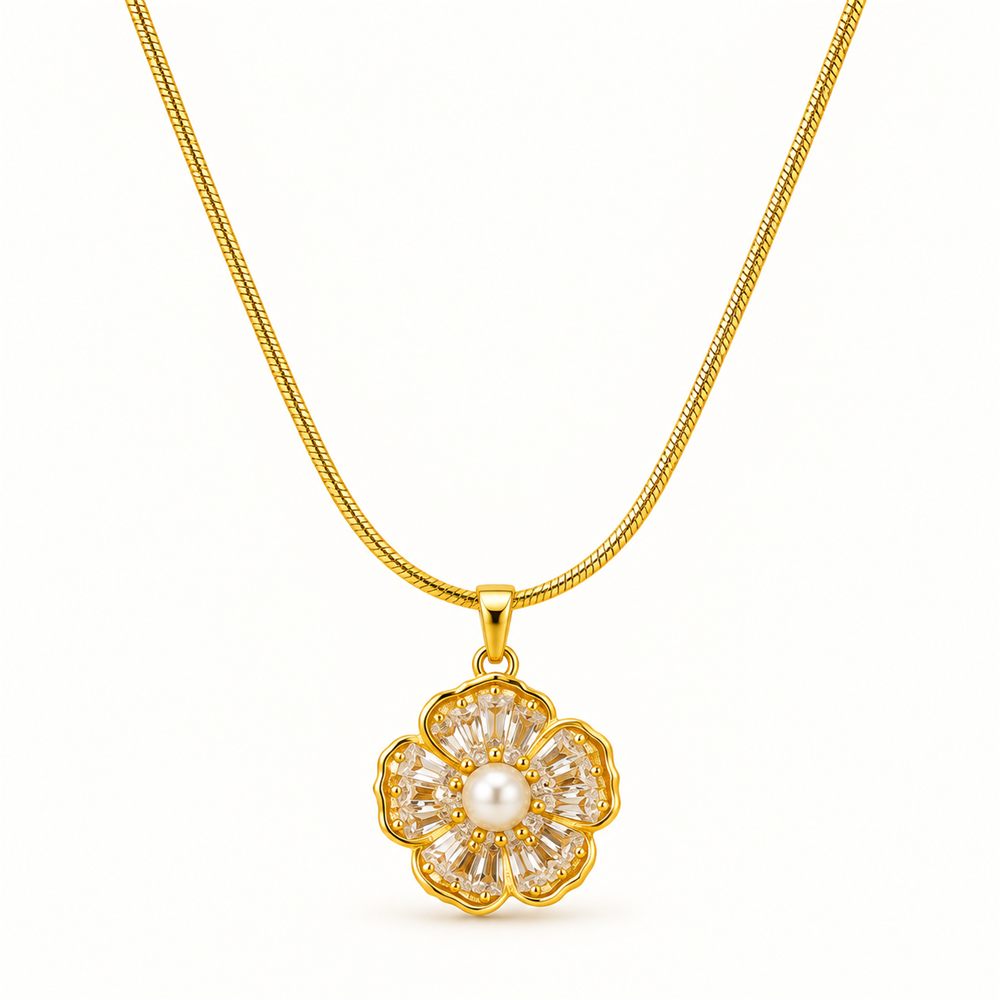 Korean Short Chain Gold Snake Chain Pearl Zircon Flower Necklace, gold plated, hypoallergenic, made in Korea