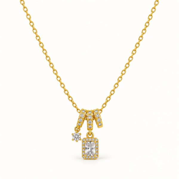 Korean Short Chain Gold Zircon Rectangle Charm Necklace, gold plated, hypoallergenic, made in Korea