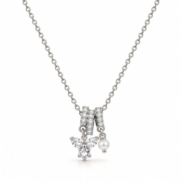 Korean Short Chain Silver Zircon Butterfly Pearl Drop Necklace