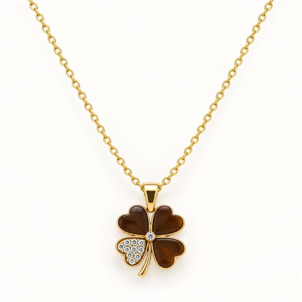 Korean Short Chain Gold Brown Enamel Four Leaf Clover Zircon Necklace
