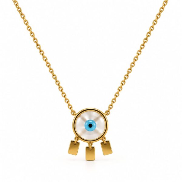 Korean Short Chain Gold Evil Eye Pearlescent Disc Charm Necklace
