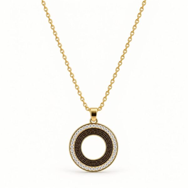 Korean Short Chain Gold Greek Key Brown Enamel Round Zircon Necklace