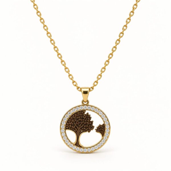 Korean Short Chain Gold Tree of Life Round Zircon Pendant Necklace