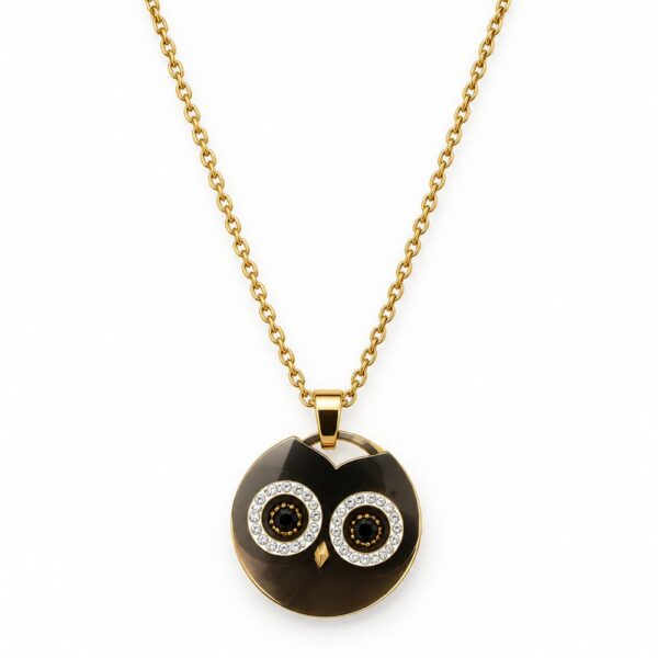 Korean Short Chain Gold Black Enamel Owl Zircon Pendant Necklace