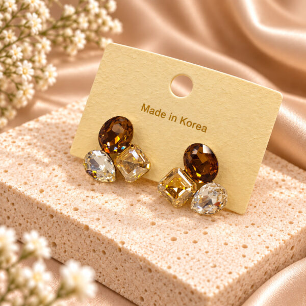 Korean Amber Crystal Cluster Stud Earrings