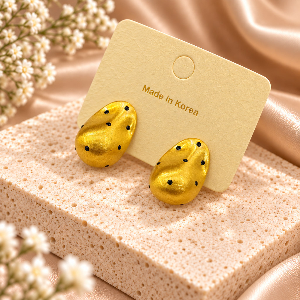 Korean Gold Polka Dot Droplet Stud Earrings, anti-tarnish earrings, made in Korea