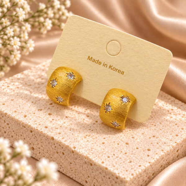 Korean Gold Brushed Star Crystal Huggie Earrings, anti-tarnish earrings, made in Korea