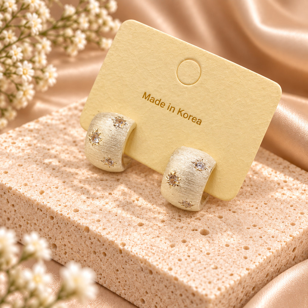 Korean Ivory Brushed Star Crystal Huggie Earrings, anti-tarnish earrings, made in Korea