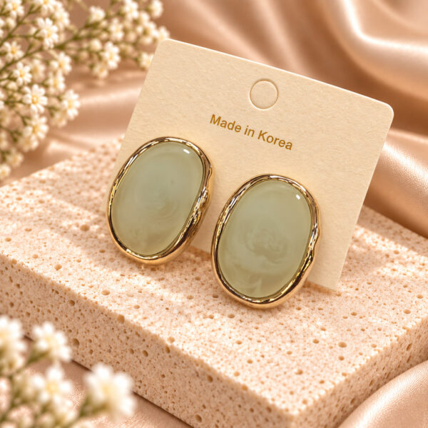 Korean Sage Green Oval Stone Stud Earrings, anti-tarnish earrings, made in Korea