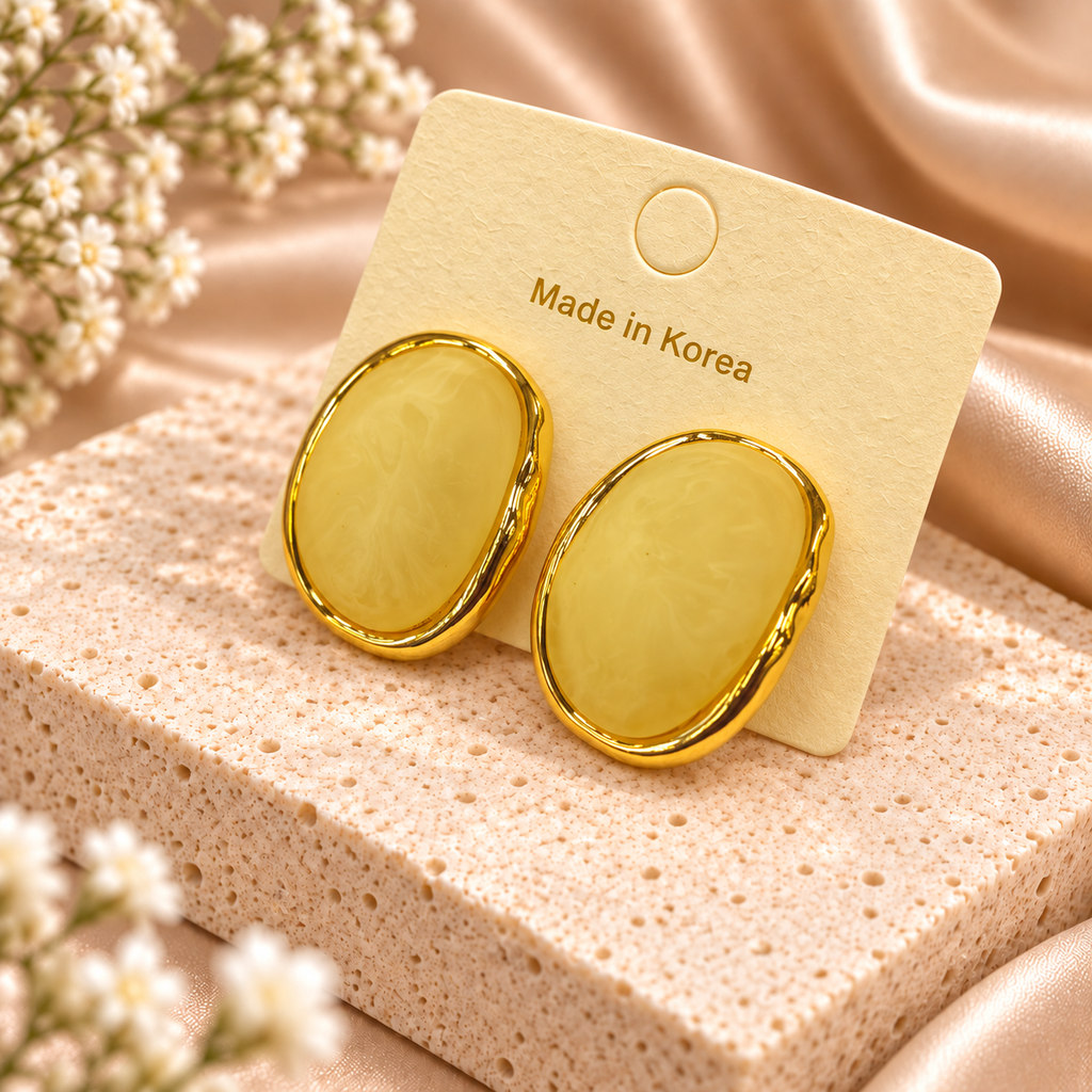 Korean Butter Yellow Oval Stone Stud Earrings, anti-tarnish earrings, made in Korea