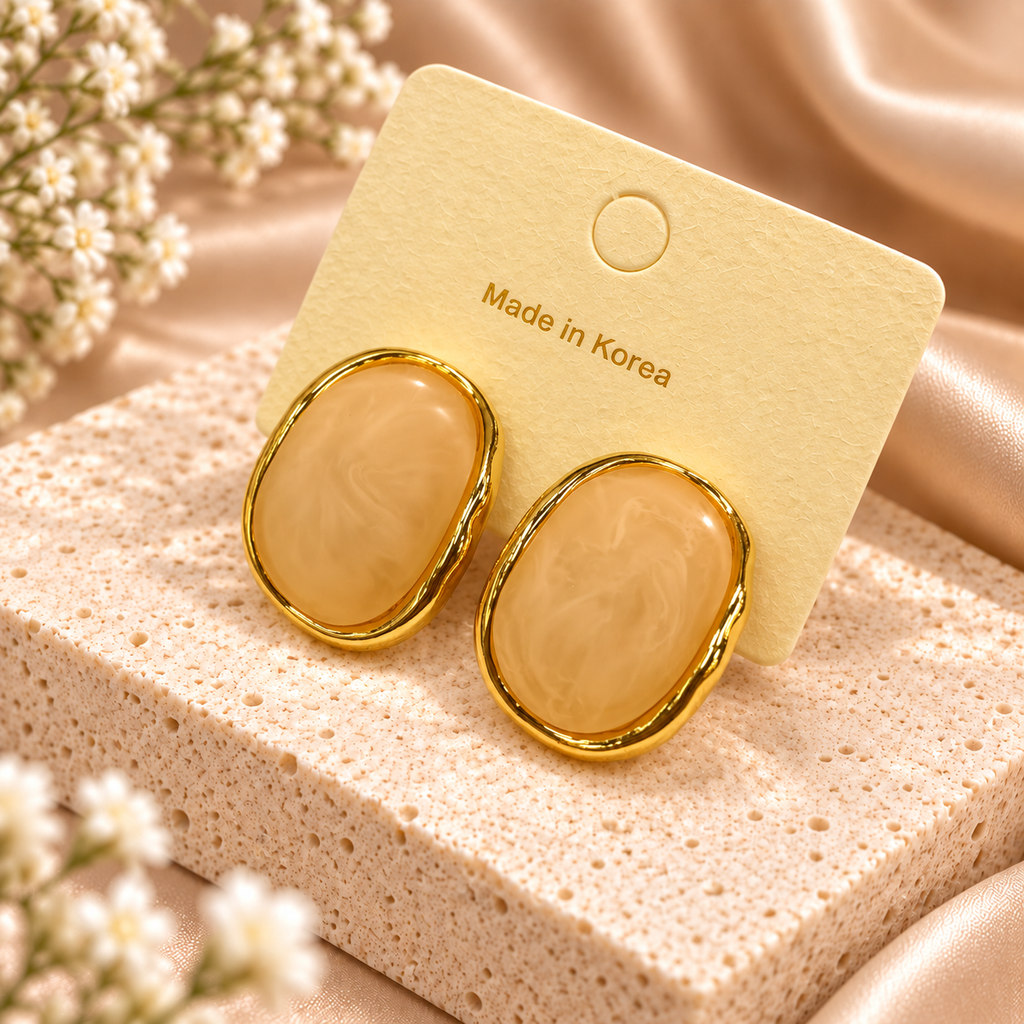 Korean Peach Oval Stone Stud Earrings, anti-tarnish earrings, made in Korea