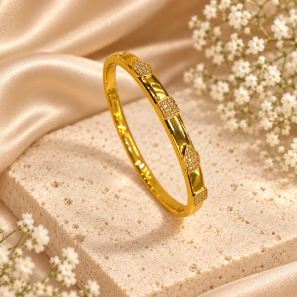Korean gold dual stone panel kada bracelet, stainless steel, anti-tarnish